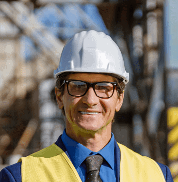 A professional construction engineer wearing a white safety helmet and glasses at a construction site, demonstrating expertise in concrete and construction services.